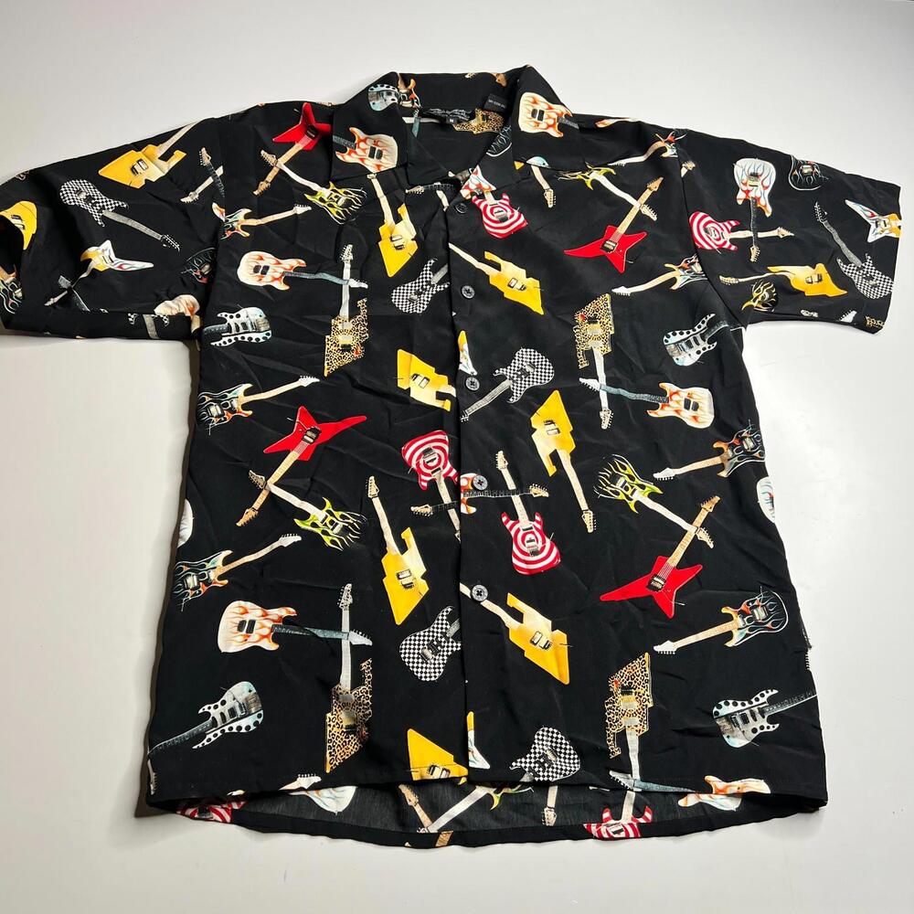 Vintage Dragonfly Guitar Print Shirt Mens M Black Button Up Rock Metal Y2K‎